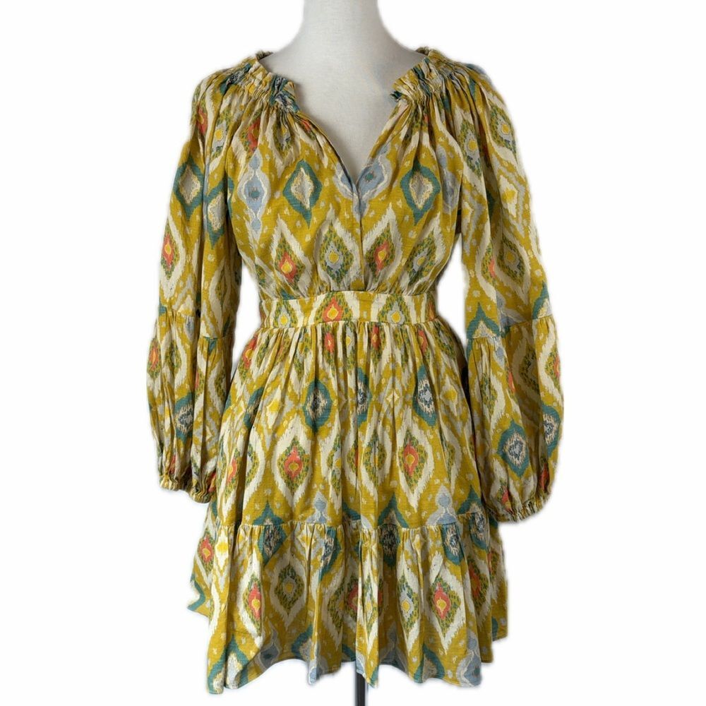 Charina Sarte Cotton Ikat Mini Boho Dress Size M Long Sleeve Fall Cowgirl Folk